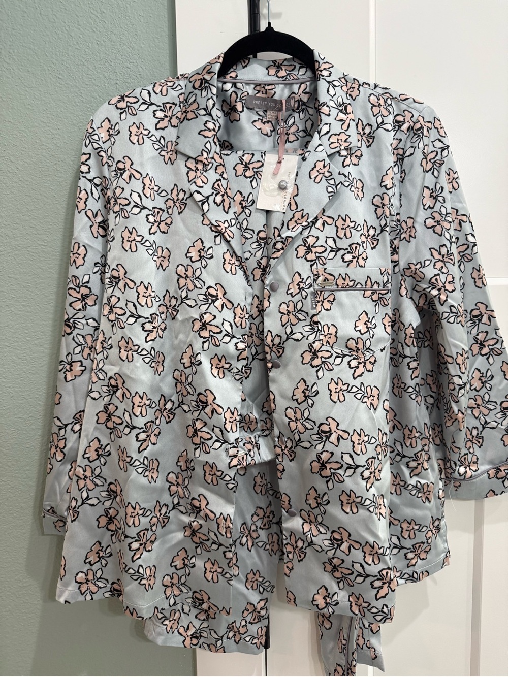 Floral Satin Pajama Set - Light Blue & Blush